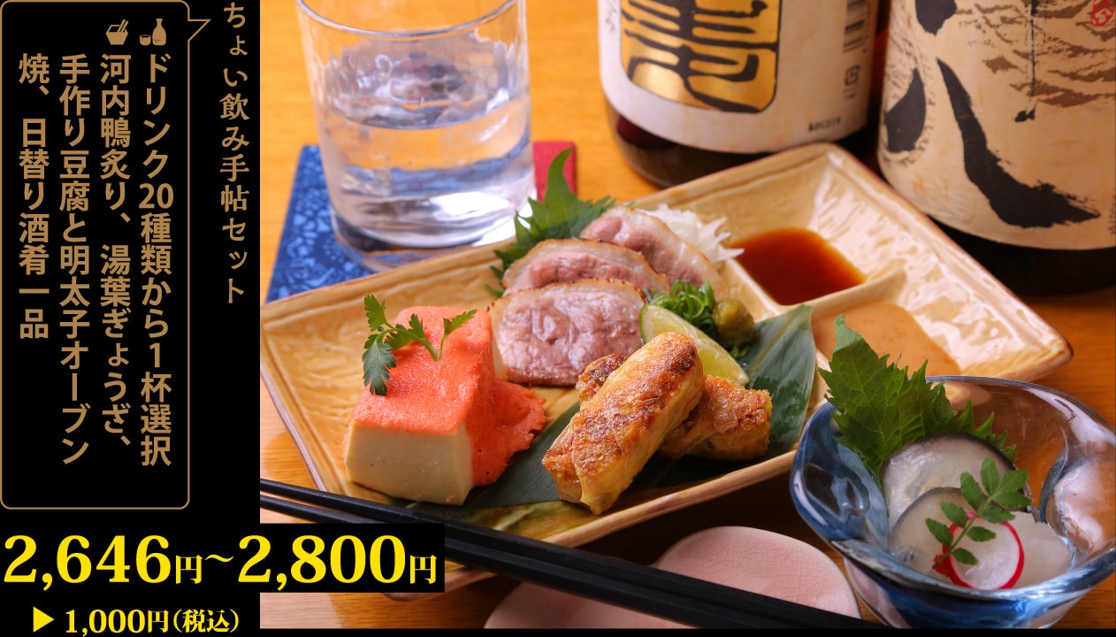 ドリンク20種類から1杯選択＋河内鴨炙り、湯葉ぎょうざ、手作り豆腐と明太子オーブン焼、日替り酒肴一品2,646～2,800円が1,000円！